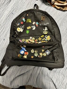 Off-White Black Backpack with Enamel Pin Patchwork